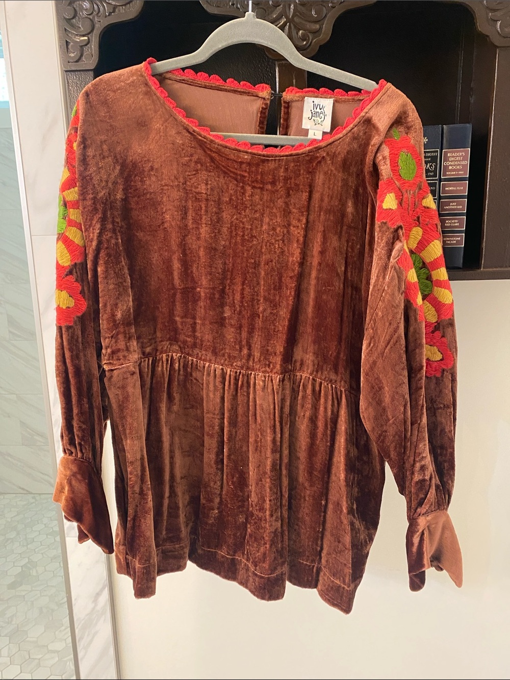 ivy jane Brown Velvet Tunic with Red and Green Floral Embroidery